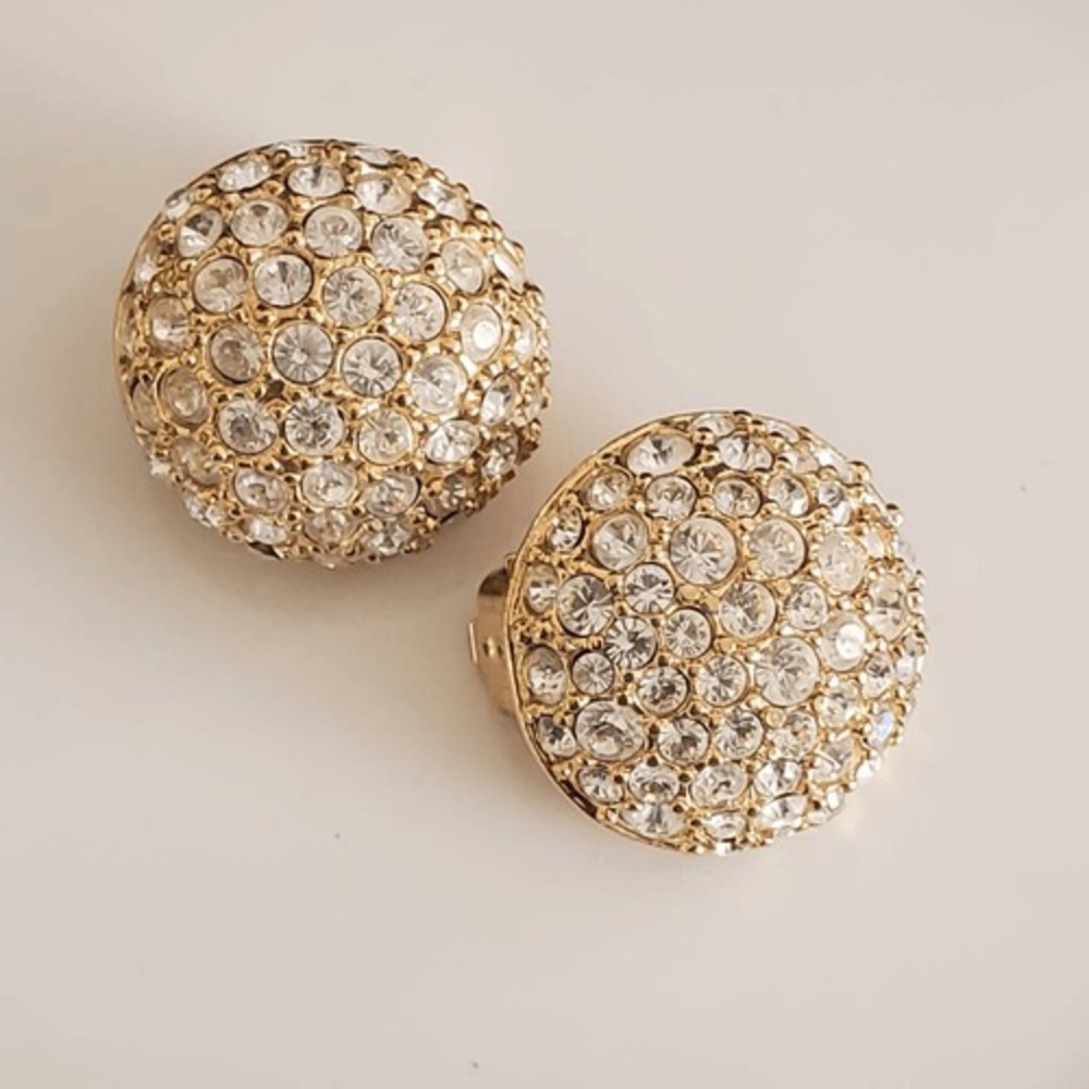 Swarovski‎ Crystal Pave Dome Clip On Earrings Gold Tone Vintage Swan Logo